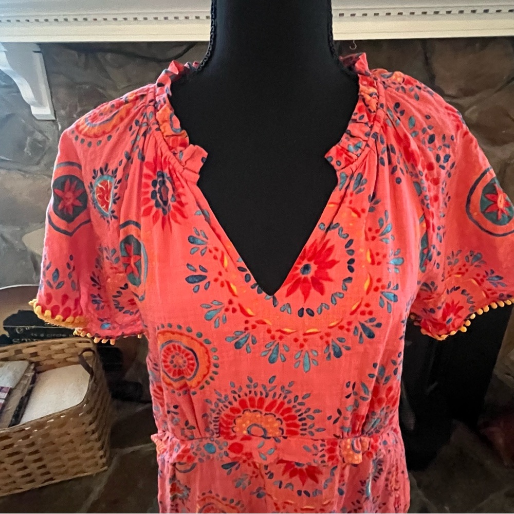 THML Sz M Mini Dress Linen-like Orange Printed Floral Tiered Blousy Sleeve Boho - Picture 4 of 8